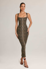Ainslee-Modal Square-Neck Bodycon Midi Dress in Leopard Print