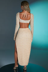 La Désirade-Embellished Cowl Neck Crop Top in Sand