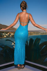 Joella-Embellished Cut-Out Halterneck Maxi Dress in Turquoise