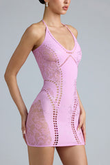 Tori-Embellished Halterneck Mini Dress in Violet Pink