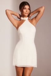 Sorrento-Embellished Asymmetric Neck A-Line Mini Dress in White