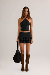 Azaria-Modal Ruffle Mid-Rise Mini Skort in Black