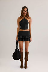 Azaria-Modal Ruffle Mid-Rise Mini Skort in Black