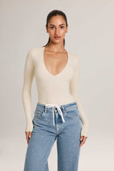 Elodie-Modal Plunge Long-Sleeve Bodysuit in Ivory