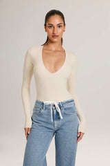 Elodie-Modal Plunge Long-Sleeve Bodysuit in Ivory