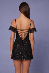 Jacira-Embellished Lace-Up A-Line Mini Dress in Black