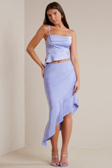 Vivica-Bias Cut Satin Asymmetric Maxi Skirt in Periwinkle