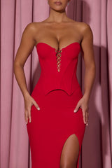 Marceline-Lace-Up Corset Fishtail Maxi Dress in Red