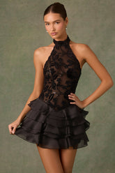 Petalia-Embellished Ruffled Halterneck Mini Dress in Black
