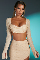 La Désirade-Embellished Cowl Neck Crop Top in Sand
