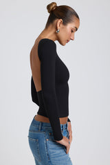 Elli-Modal High Neck Long Sleeve Open Back Top in Black