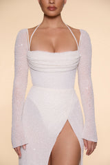 Champel-Embellished Cowl Neck Maxi Dress in Ivory