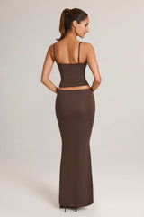 Avenley-Modal Mid-Rise Fishtail Maxi Skirt in Chocolate Brown