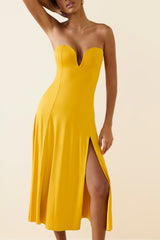 Joely-Slinky Jersey Strapless A-Line Midaxi Dress in Golden Yellow
