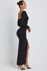 Marcela-Modal Plunge Neck Long Sleeve Maxi Dress in Black