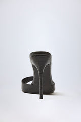 Amandine-Almond-Toe Heeled Mules in Croc Patent Black