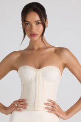 Melvina-Ruched Lace-Up Strapless Corset Top in Ivory
