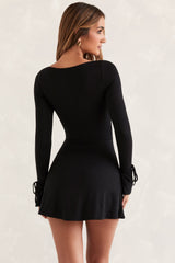 Baize-Square Neck Long Sleeve Mini Dress in Black