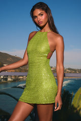 Farren-Embellished Open-Back A-Line Mini Dress in Pear Green