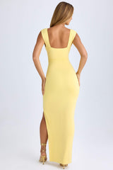 Sloane-High Split Plunge Neck Maxi Dress in Lemon Sherbet