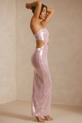 Isabel-Sheer Sequin One Shoulder Cut Out Maxi Dress in Lilac