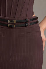 Liora-Pinstripe Low-Rise Maxi Skirt in Chocolate Brown