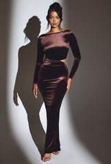 Ginevra-Velvet Long Sleeve Maxi Dress in Chocolate Brown