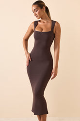 Ainslee-Square Neck Midi Dress in Chocolate Brown