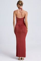 Margot-Hardware Detail Cut-Out Halterneck Maxi Dress in Auburn Brown
