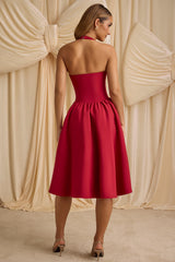 Angelina-Halterneck Bow-Detail Midi Dress in True Red