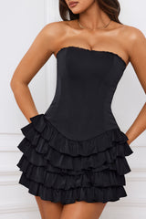 Juliet-Bandeau Ruffled Tiered Corset Mini Dress in Black