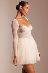 Calliope-Embellished Long Sleeve Tulle Skirt Mini Dress in Ivory