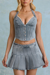 Laika-Low-Rise Pleated Mini Skirt in Light Blue