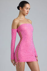 Jade-Embellished Lace-Up Off-Shoulder Mini Dress in Bubblegum Pink