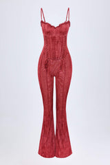 Carmen-Lace-Up Ruffled Flared Jumpsuit in Red Print