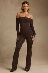 Dilnaz-Modal Off-Shoulder Ruched Jumpsuit in Chocolate Brown