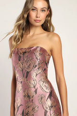 Gowning Around Mauve Floral Jacquard Strapless Maxi Dress