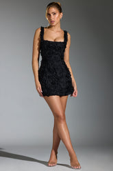 Posy-Floral-Appliqué Corset Mini Dress in Black