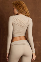 Leona-Asymmetric Draped Long-Sleeve Top in Taupe