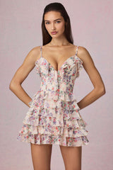 Lolina-Ruffled Lace-Up A-Line Mini Dress in Primrose Floral Print