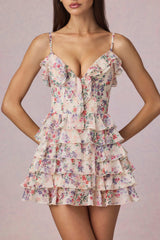 Lolina-Ruffled Lace-Up A-Line Mini Dress in Primrose Floral Print