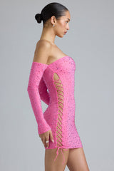 Jade-Embellished Lace-Up Off-Shoulder Mini Dress in Bubblegum Pink