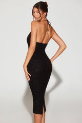 Venice-Embellished Plunge Halter Neck Midaxi Dress in Black