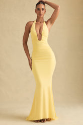Laverna-Ruched Backless Halterneck Gown in Pastel Yellow