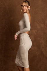 Bonne-Cut-Out Draped High-Rise Midi Skirt in Taupe