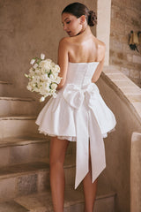 White Satin Strapless Bow Mini Gown