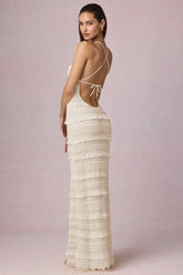 Tove-Ruffled Backless Halterneck Maxi Dress in Ivory
