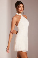Sorrento-Embellished Asymmetric Neck A-Line Mini Dress in White