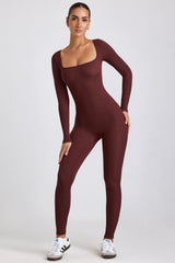 Iris-Petite Ribbed Modal Long Sleeve Jumpsuit in Espresso