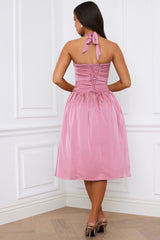 Amelie-Halterneck Lace-Up Ruched Corset Midi Dress in Mauve
